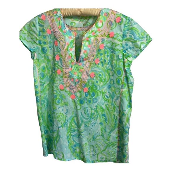 Lilly Pulitzer Cotton Embroidered Under the Sea Short Sleeve Blouse - Picture 7 of 11